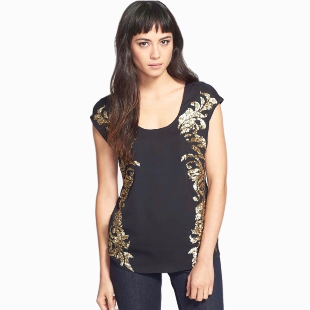 Hinge Black Sleeveless Tee with Gold Sequins